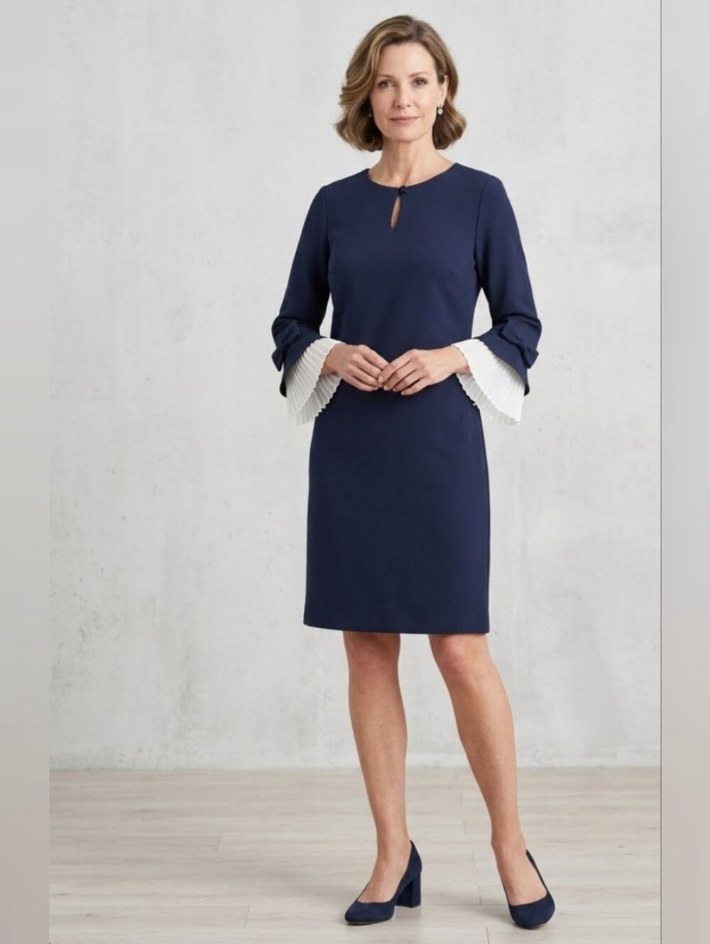 Sharagano Navy Shift Dress with White Pleated Cuffs